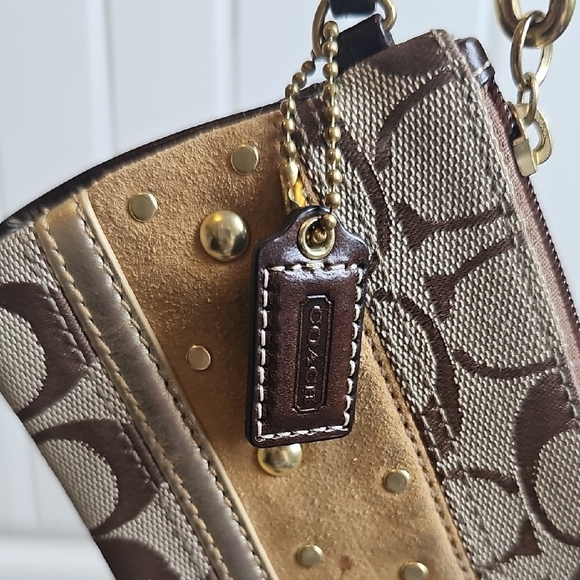 Coach Signature Brown and Tan Wristlet Leather, Suede, Gold Accents - Picture 3 of 7
